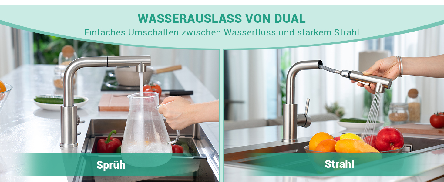Кухонний змішувач Dayone з висувною лійкою, нержавіюча сталь SUS304, високий тиск, 2 функції, поворотна лійка 360°, L-подібна форма, G6808bn