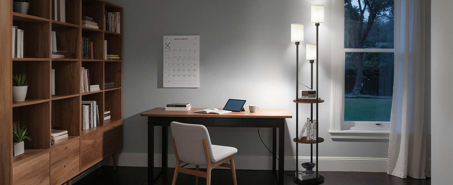 Стельова лампа для вітальні з поличкою, 3-хламкова, вінтажний стиль, бохо, з дерева, з вимикачем на ніжці, E27, ретро, коричнево-бежева ZEF53LDD05