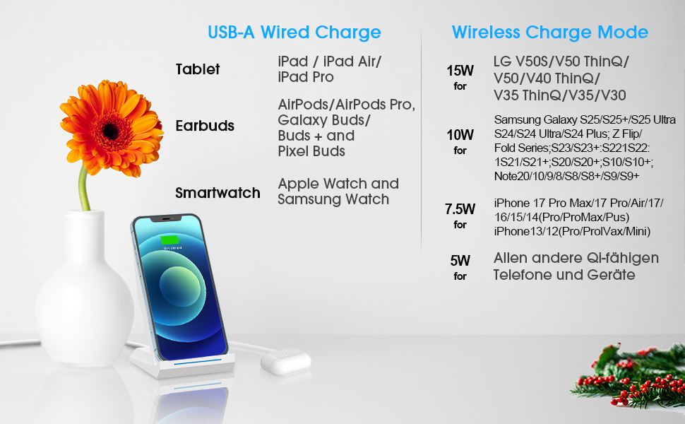 Бездротовий зарядний пристрій NANAMI 30W USB-C з індукційним підсвічуванням, 2-в-1 для iPhone та Samsung