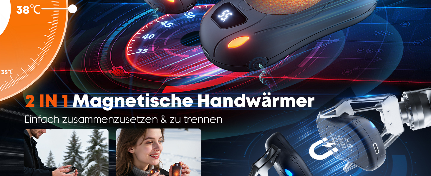 Електричний гріє для рук 2 шт., 12000 мАг, з магнітною двосторонньою системою підігріву та цифровим індикатором температури та заряду батареї, для відпочинку на природі/кемпінгу, чорний