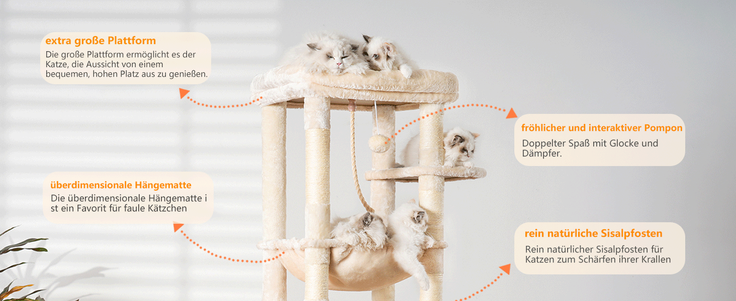 Драбина для котів Heybly Kratzbaum з лежаком, печерею та великими платформами, 50 x 50 x 153 см, бежева HCT050M