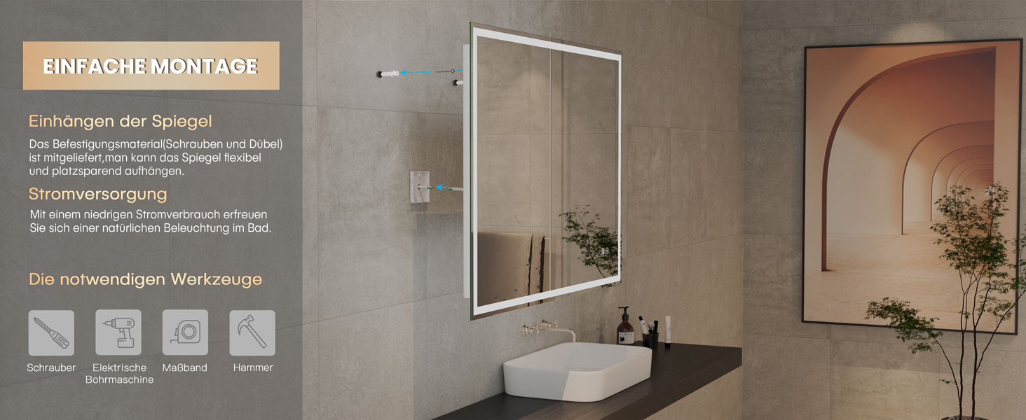 Дзеркало для ванної кімнати з LED-підсвічуванням Dripex, 50x70 см, сенсорне управління, протитуманне покриття, Bluetooth, розетка, 3 кольори світла