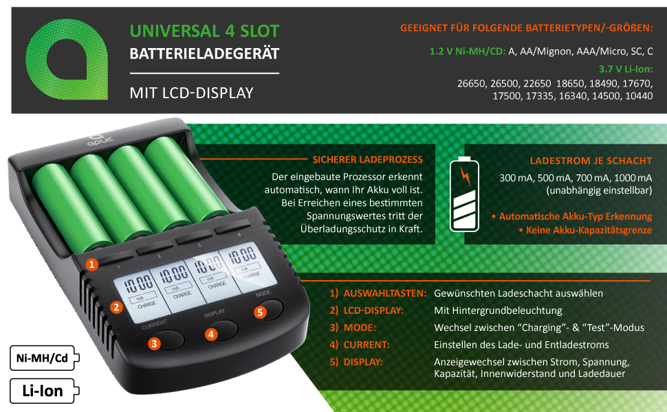 Зарядний пристрій CSL для акумуляторів AA, AAA, 18650 з LCD-дисплеєм та USB-портом