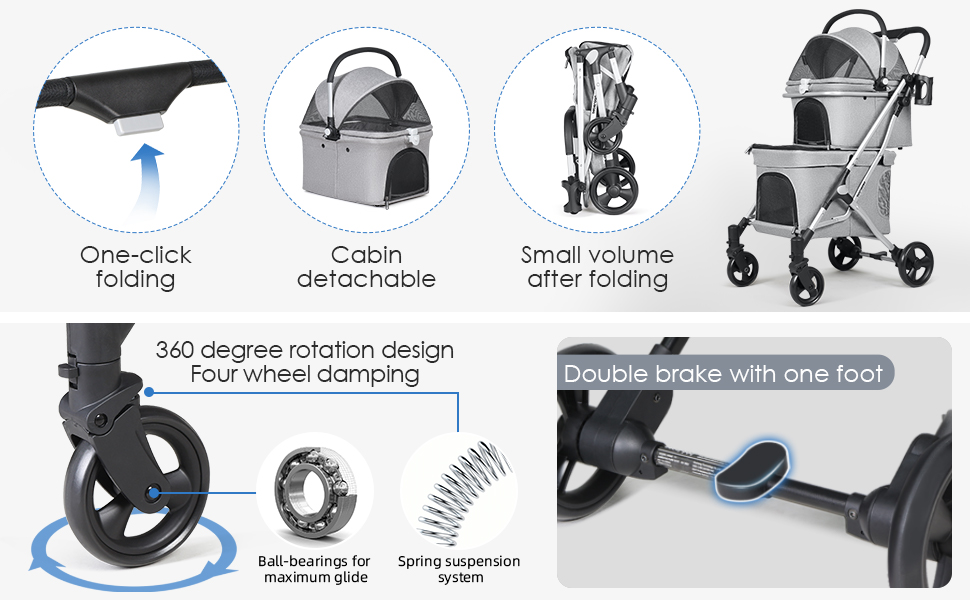 Beberoad Розкладний візок для собак, 2-поверховий візок для маленьких собак та котів, візок для домашніх тварин Beberoad, переноска для собак та котів, чорний, 2 поверхи