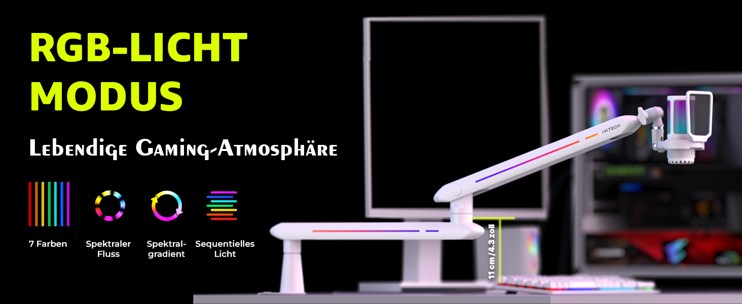 Підставка для мікрофона IXTECH RGB з низьким профілем, регульована, з кріпленням для столу та кабельною організацією, для стрімінгу та подкастів (5 ящірок RGB)