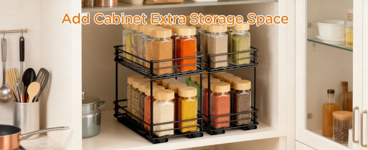 VINATO Висувна полиця для спецій на 2 яруси – органайзер для кухні з роликовими направляючими, підставка для спецій у шафку, полиця для спецій без свердління (26x15x21,8 см)