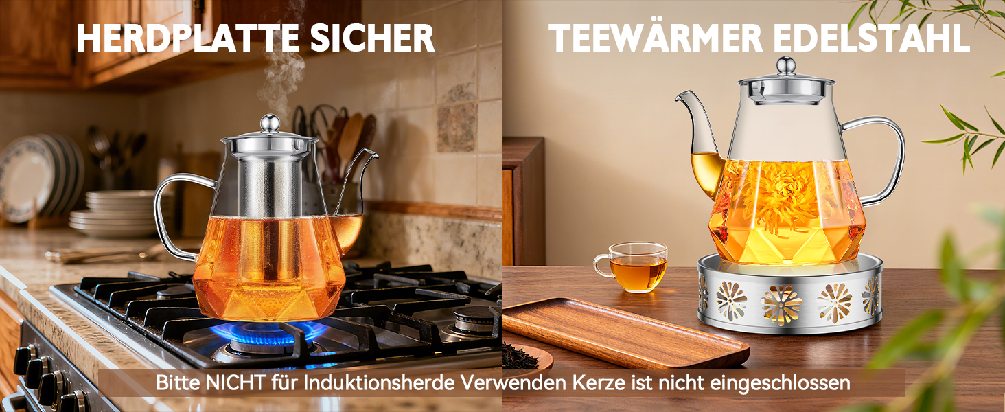 Скляний чайник STNTUS з підігрівачем та ситечком для листового чаю, 1.2 л, нержавіюча сталь