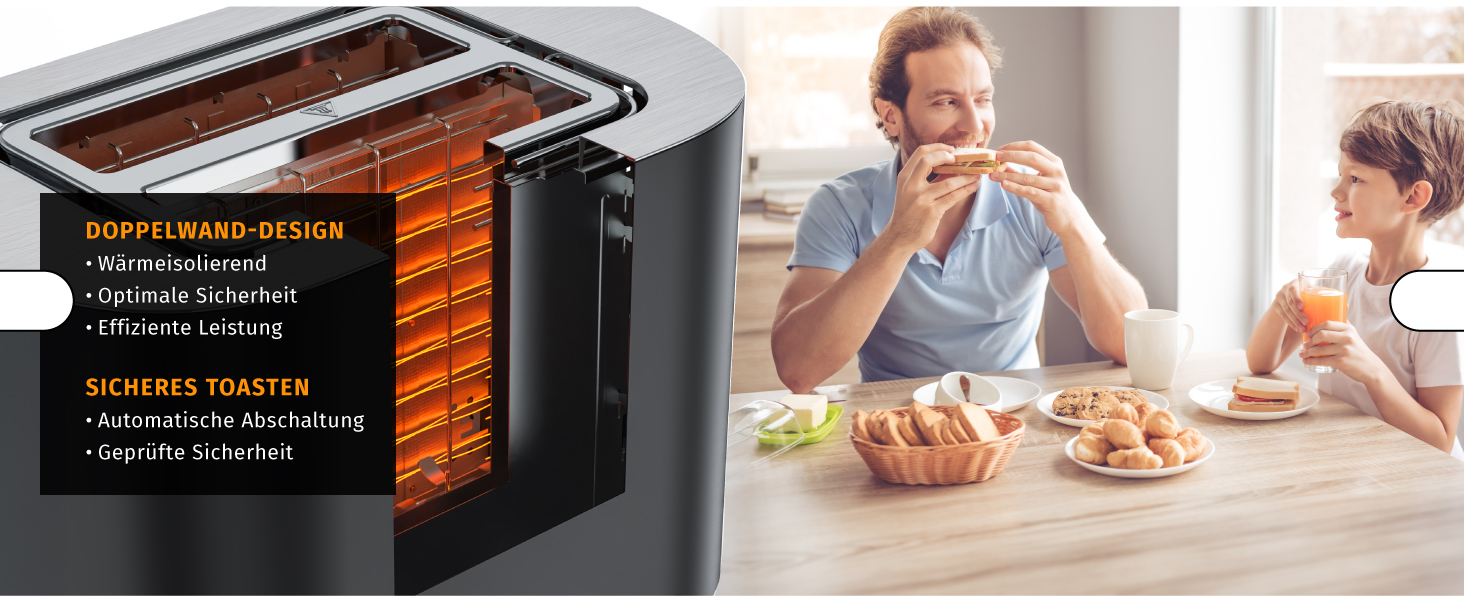 Тостер Arendo з нержавіючої сталі, 2 відділення, сенсорний екран, подвійні стінки, 800 Вт, підставка для тостів, 6 рівнів підсмажування, центрування хліба, індикатор часу, функція пам'яті, колір: чорний