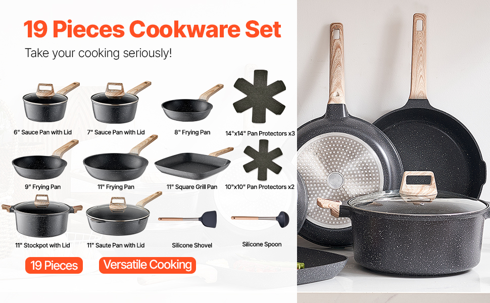 Набір посуду VEVOR індукційний 19 предметів з кришками, антипригарне покриття, для плити, кухні, кемпінгу - чорний