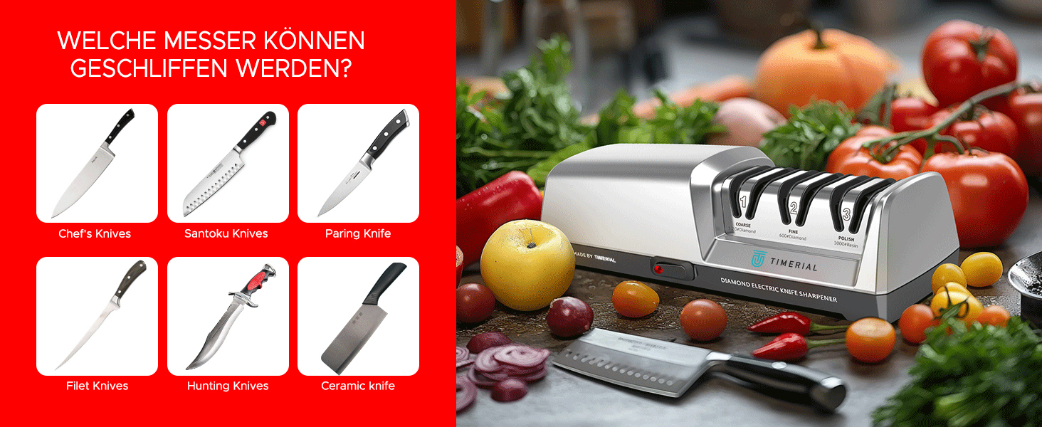 Електричний точило для ножів TIMERIAL з алмазними дисками 3-х ступенів, 15° кут, для сталевих кухонних ножів, 120/600/1000 grit