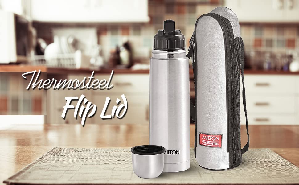 Термос Milton Thermosteel Flip Lid 1000 мл з подвійними стінками, вакуумна ізоляція, нержавіюча сталь, без BPA, з кришкою-фліпом, срібний | 1 літр, 24 години зберігання тепла та холоду