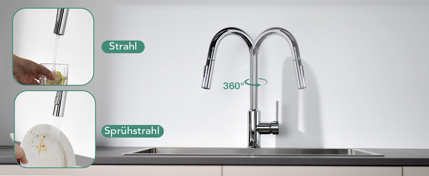 Змішувач кухонний з висувною лійкою та душем, 360° поворот, 2 режими, нержавіюча сталь (хром)