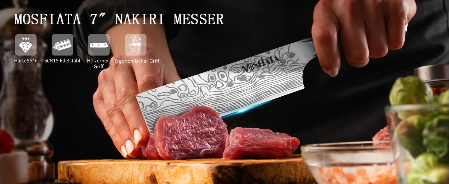 Nakiri ніж MOSFiATA для овочів та м'яса, універсальний кухонний ніж з німецької нержавіючої сталі EN1.4116, з захистом для пальців та леза, у подарунковій коробці