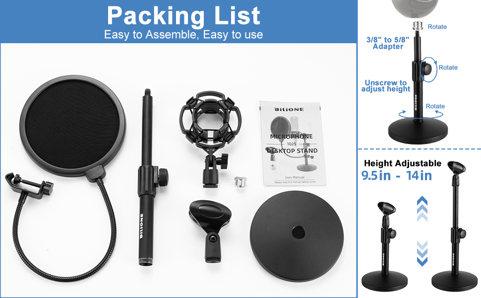 Підставка для мікрофона BILIONE з поп-фільтром та амортизатором, регульована, з адаптерами для настільного використання