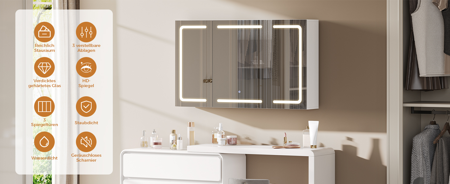 Дзеркало для ванної кімнати зі світлодіодним підсвічуванням, розеткою та 3 колірними температурами | Шафка для ванної кімнати 60x90x16 см (ВxШxГ), диммер + сенсорне управління | Біла шафка-дзеркало для ванної кімнати з 3 регульованими полицями та дзеркалом 60x90x16 см (60x100x16 см)