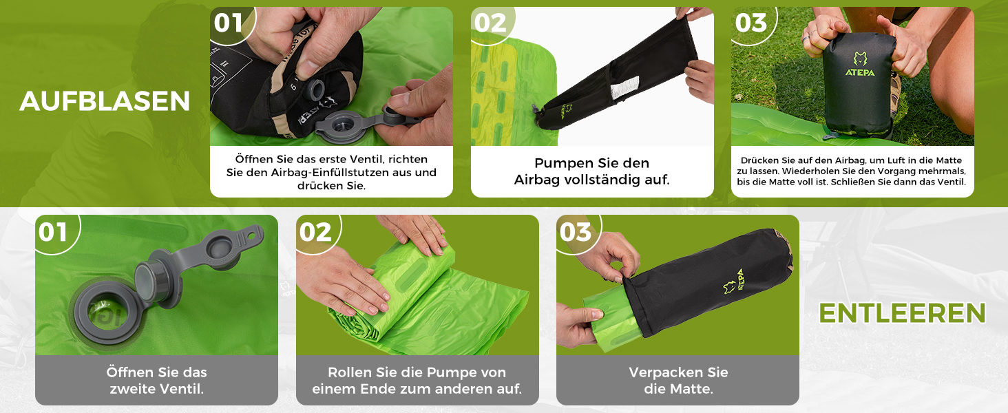 ATEPA ThermAir ізомат для кемпінгу та трекінгу, 6R, R-значення 6.6, 7 камер, компактний, з сумкою, 9см товщина, 9см зелений