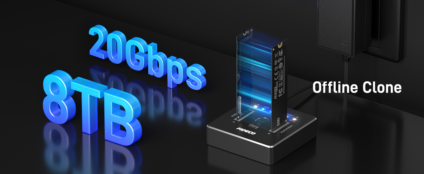 Док-станція для SSD FIDECO M.2 NVMe SATA, USB 3.2 Gen 2 (20Gbps), алюмінієвий корпус, підтримка клонування, UASP, TRIM