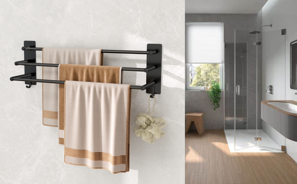 Тримач для рушників Vista з 3-ма штангами, без свердління, нержавіюча сталь SUS304, сріблястий, з двома гачками, 60 см, для кухні, ванної кімнати, спальні