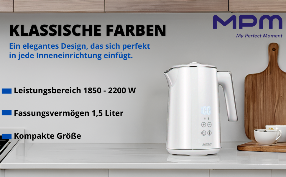 Електричний чайник MPM MCZ-120 1,5L з подвійними стінками, регулюванням температури 40–100°C, нержавіюча сталь, 2200W, тихий, швидкий, сенсорне управління, легкий, елегантний, білий