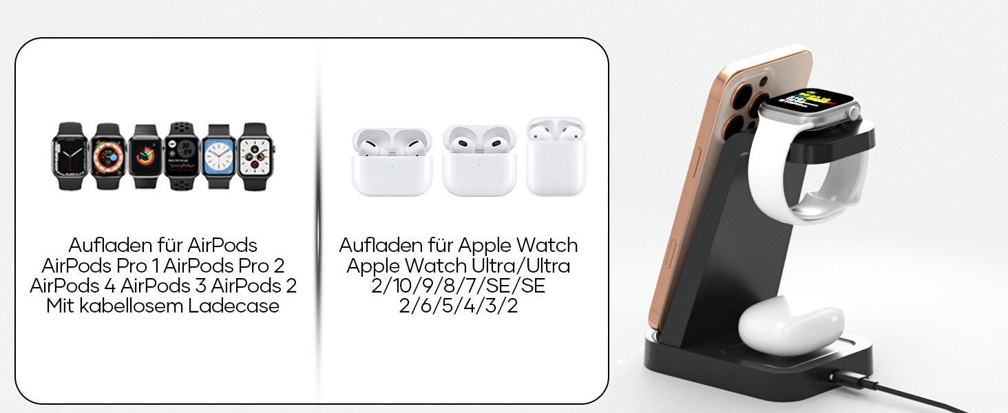 Бездротова зарядка 3-в-1 з адаптером 18W, сумісна з iPhone 16/15/14/13/12 Pro/Pro Max, Apple Watch, AirPods Pro (Чорний)