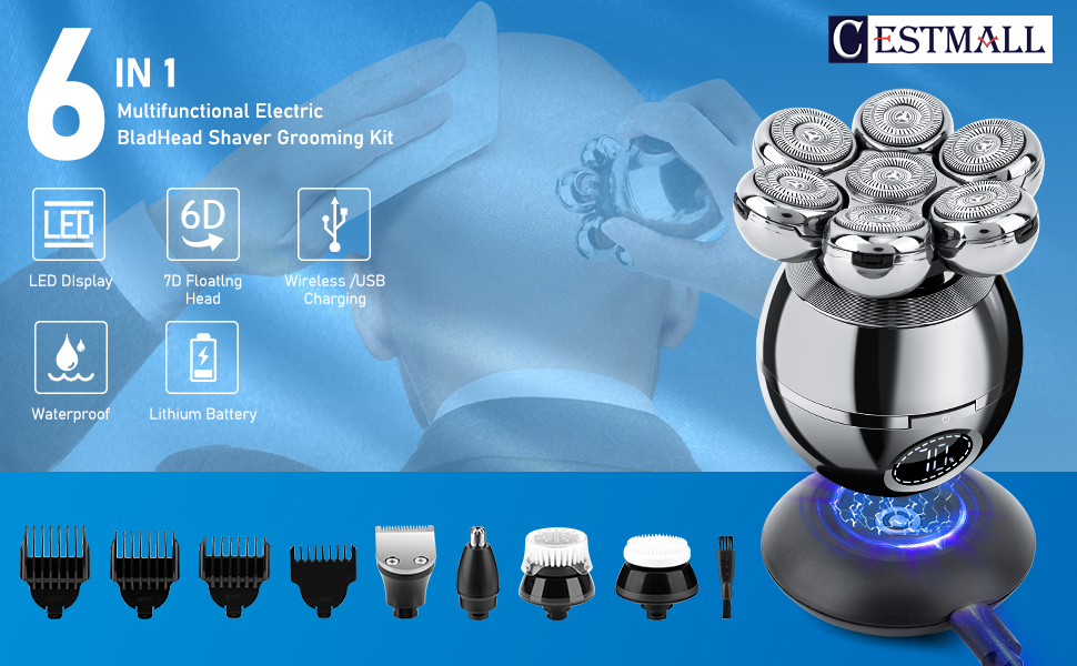 Електричний голчастий манікюр для голови CestMall 6-в-1: для чоловіків та жінок, бездротовий, плаваючий, перезаряджається, срібно-чорний