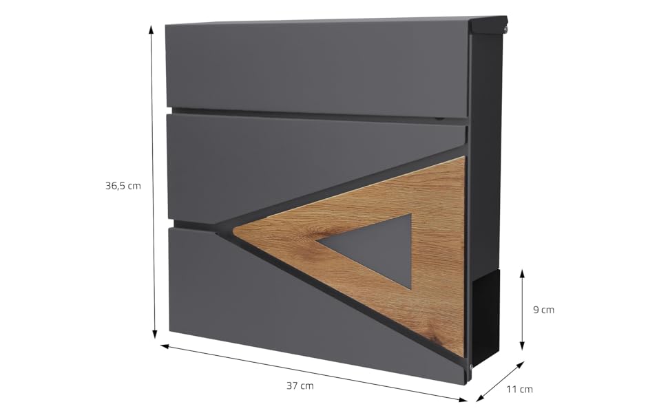 Поштовий ящик ML-Design 37x36,5x11 см антрацит/під дерево, сталевий, з газетницею, замок на 2 ключі, сучасний настінний дизайн