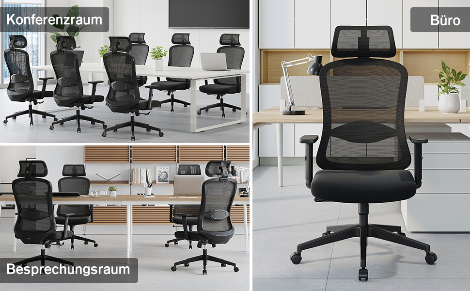 Ергономічне крісло для офісу, обертовий офісний стілець з подушкою для попереку, регульовані підголівник та підлокітники, крісло для керівника до 150 кг (Чорний)