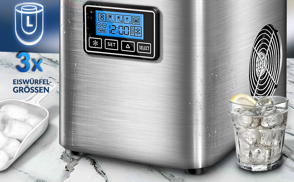 tillvex Ice Maker Stainless Steel 12 kg - 24 h | Ice Cube Maker with Timer and 2.2 Liter Water Tank | Ice-Maker LCD Display & Self-Cleaning Function | 3 Ice Cube Sizes (Silver)