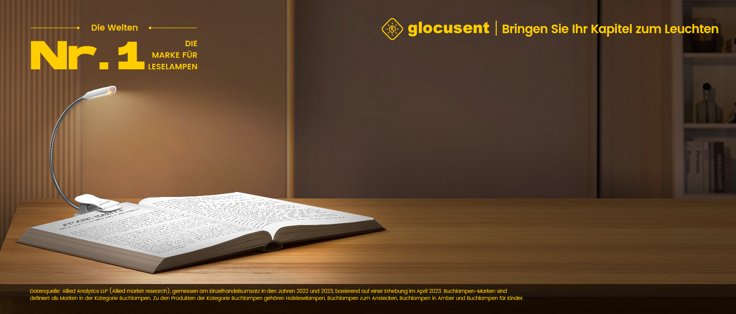 LED лампа для читання Glocusent з кліпсою, перезарядна, 10 світлодіодів, 3 кольори та 3 рівні яскравості, до 80 годин роботи, гнучка на 360°, для читання, білий колір