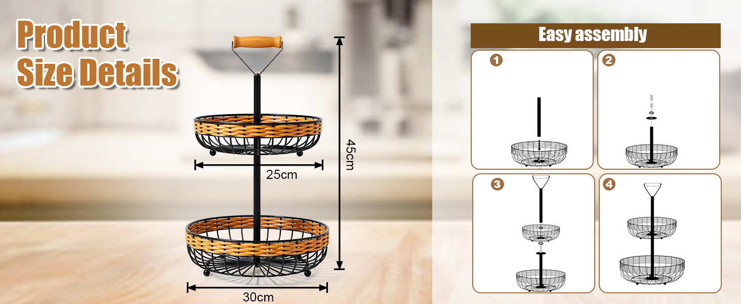 Двоярусний кошик для фруктів LEEJARD з синтетичного ротангу, знімний піддон, чорний (H:45 Dm:29 см)