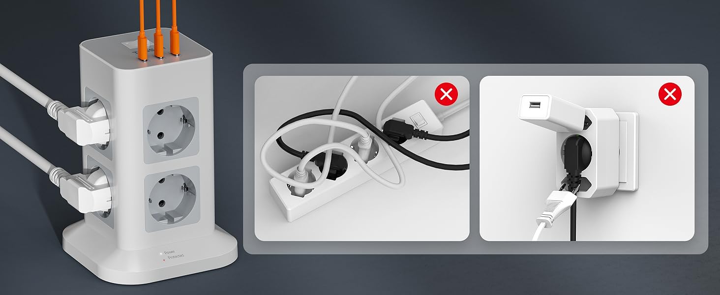 Блок розеток TESSAN з захистом від перенапруги, 3600W, 16A, 8 розеток, 3 USB-C, 2M, сірий