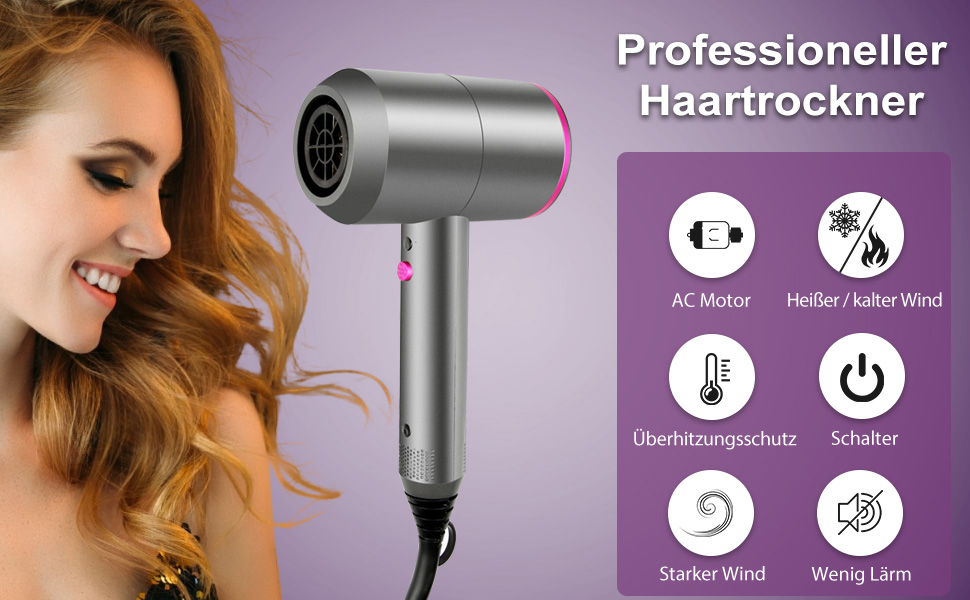 Іонний фен Faszin з AC-двигуном: професійний, 2 швидкості, 3 режими нагріву, кнопка холодного повітря, насадки-дифузор та концентратори (сірий)