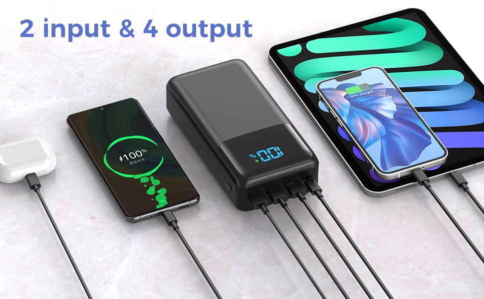 Power Bank 60000mAh з LED дисплеєм, 22.5W швидка зарядка, 4 виходи USB-C, чорний