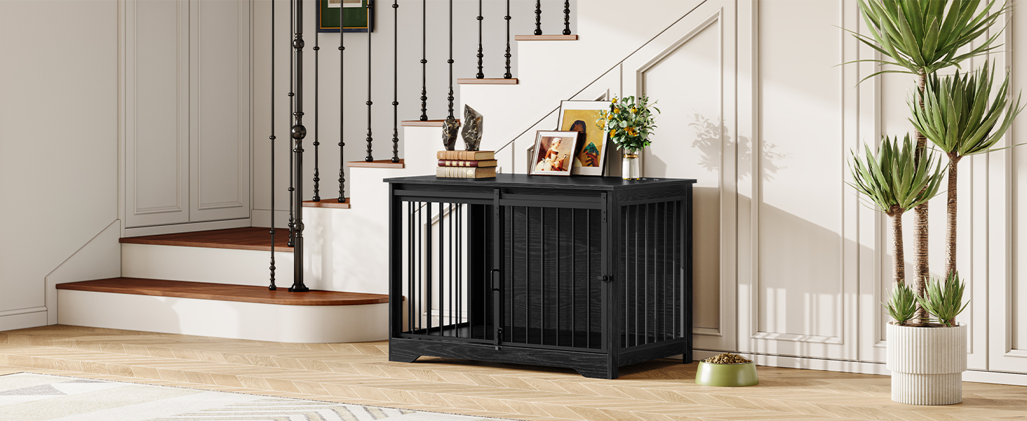 Клітка для собак Hzuaneri, 100 см, дерев'яна, з розсувними дверима, для дому, чорна (100 x 60 x 68 см)