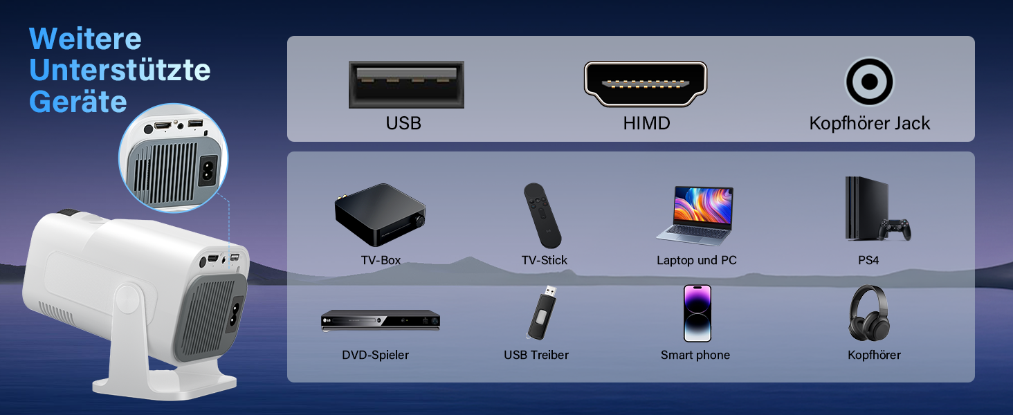 4K проєктор Beamer Full HD 1080P Android: портативний міні-проєктор з WiFi 6, Bluetooth 5.2, 270° обертанням, підтримкою PC/HDMI/USB, з пультом та мишкою, білий