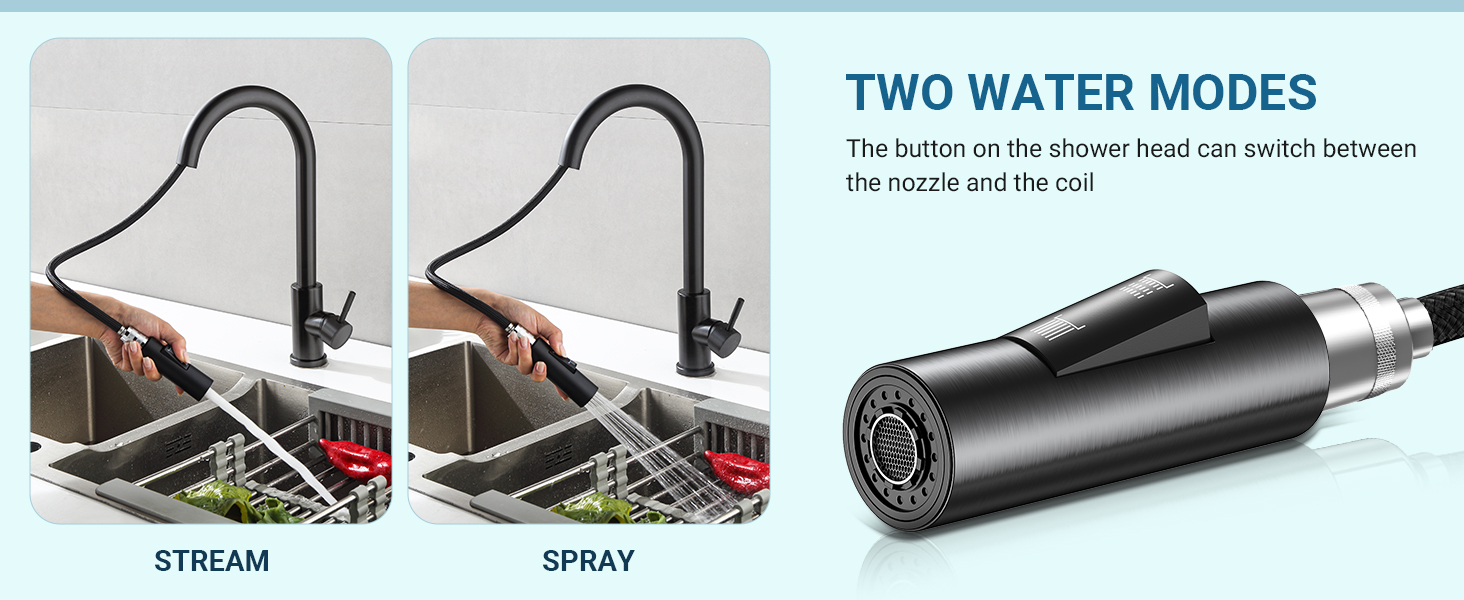 Чорний кухонний змішувач з висувною лійкою, 360° поворот, нержавіюча сталь, гаряча/холодна вода, G3/8'', 2 режими струменя