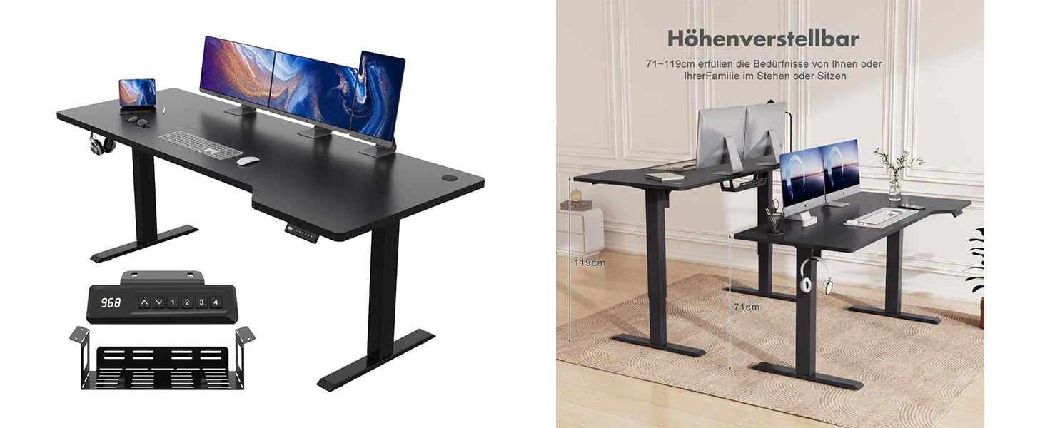 Регульований стіл JUMMICO 160 x 70 см L-подібний, електричний, для геймінгу, чорний