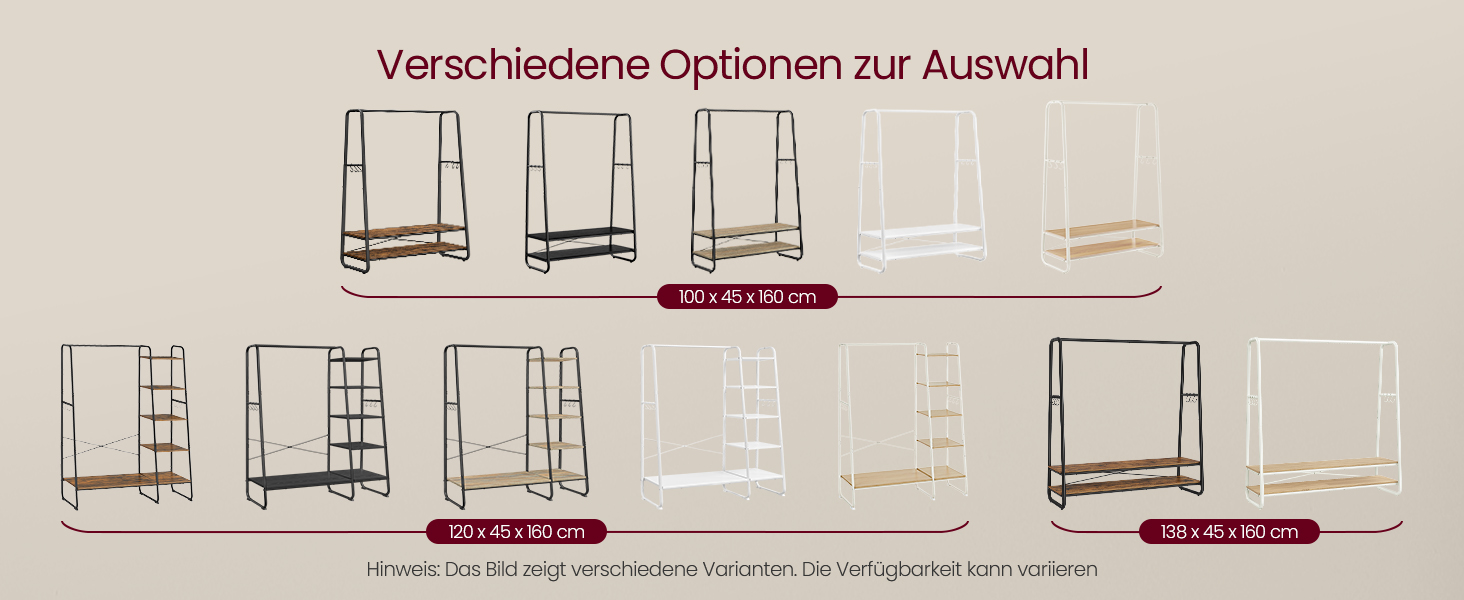 Стійка для одягу VASAGLE RGR119W09, гардеробна стійка з 2 полицями та 6 гачками, сталевий каркас, 45 x 138 x 160 см, для спальні, коридору, прихожої, бежево-білий колір