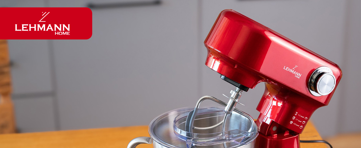 Кухонна машина LEHMANN 1500W з набором аксесуарів, планетарний міксер з чашею 5л, 12 швидкостей, захист від перегріву, червоний