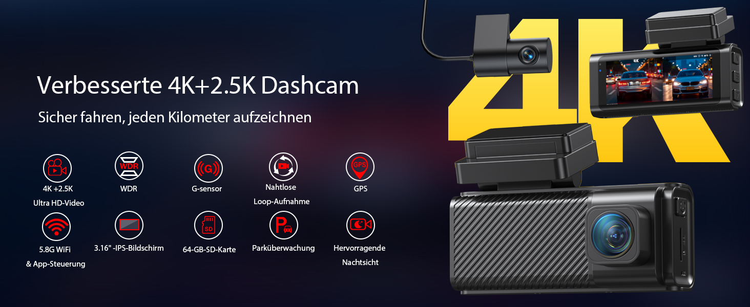 Автомобільний відеореєстратор 4K+2.5K з GPS та 5.8 GHz Wi-Fi, двоканальна камера з IPS-екраном 3.16