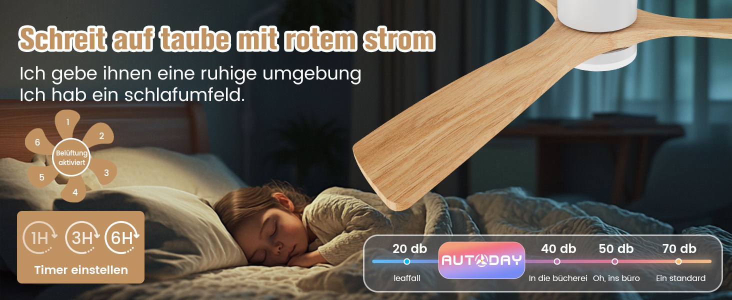 Стеляний вентилятор Holz з підсвічуванням, регулюванням яскравості LED 24W, тихий DC-двигун 38W, діаметр 132 см, з пультом дистанційного керування та таймером, 6 швидкостей, дерев'яний дизайн