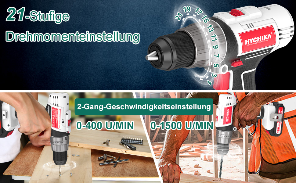 Акумуляторний шуруповерт HYCHIKA 18V, 45 Nm, 2.0 Ah, 21+3 ступені, 2 швидкості, з набором аксесуарів