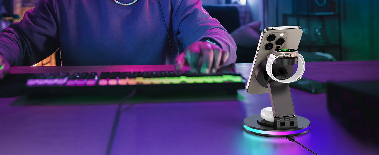 Зарядний пристрій MagSafe 3-в-1 для Apple Watch та iPhone, складний, поворотний з регулюванням світла, бездротовий зарядний стан MagSafe для iPhone 16/15/14, AirPods (без адаптера) - Чорний