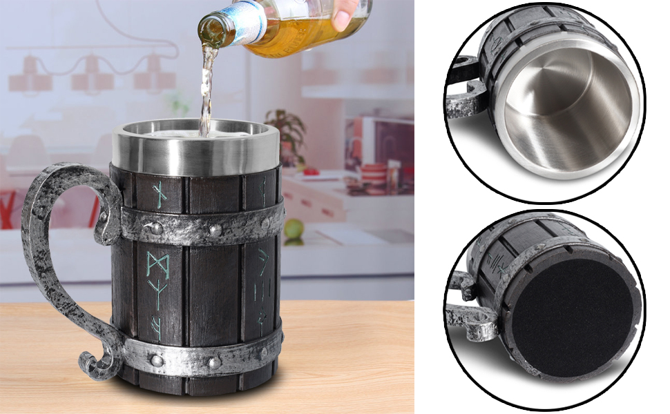 Таз для пива Viking з дерева та нержавіючої сталі, 600 мл, 14.3 см – середньовічний стиль для чоловіків