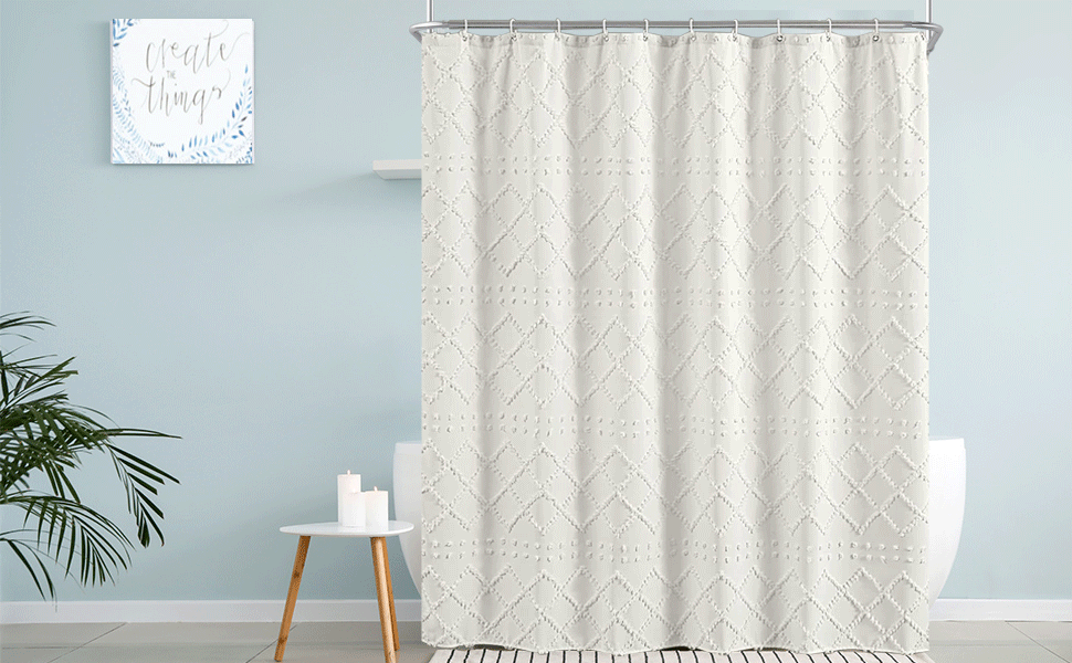 Штора для душу Boho-стиль, біла, 183x183 см, з 12 гачками, геометричний дизайн, для ванної кімнати