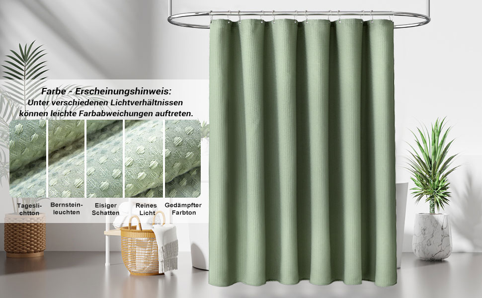 Шторка для душу BTTN вафельна, 180x200 см, антигрибкова, важка, водонепроникна, текстильна, з 12 гачками, зелена