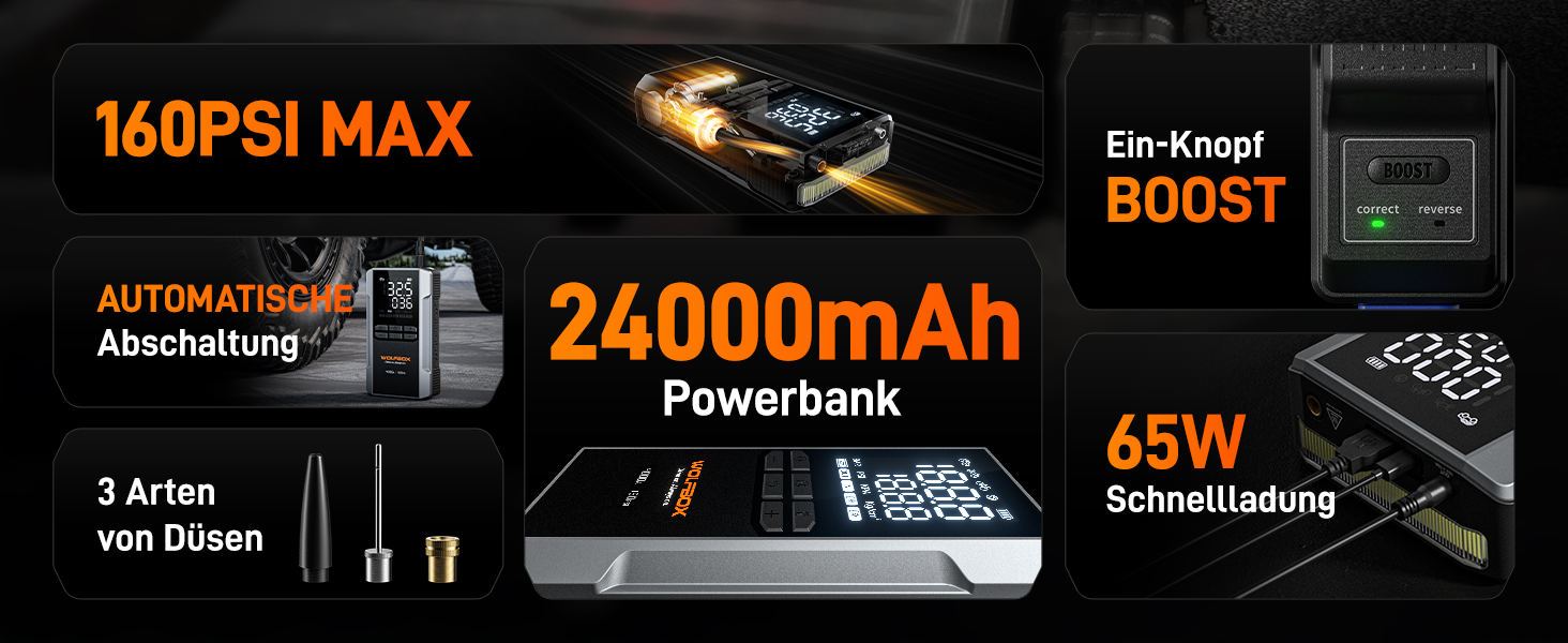 WOLFBOX 4000A: Портативний пусковий пристрій з компресором 160PSI, 12V, 65W, 88.8Wh для бензинових/дизельних двигунів, LED-ліхтар, кабелі для підключення