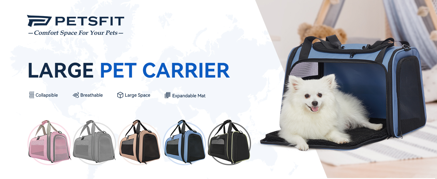 Транспортна переноска для котів та маленьких собак Petfit - легка переноска для подорожей літаком, з ременем безпеки та розширюваним килимком, блакитна (L)