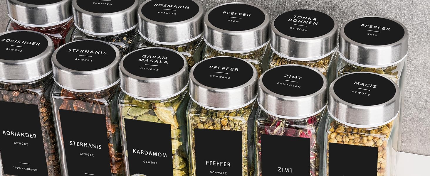 Square Spice Jars [24 x 120 ml] Spice Containers with 301 Labels, Stainless Steel Lids | Spice Jar Set | Spice Storage, Spice Glass, Spice Organizer, Shaker Insert