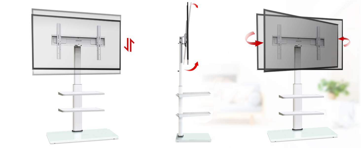 AOKCOS TV Stand for 32-70 inch Flat & Curved TVs - Adjustable Height, Swivel, Tilt, 3-Tier Shelves, VESA 400x400, Up to 40kg (White)